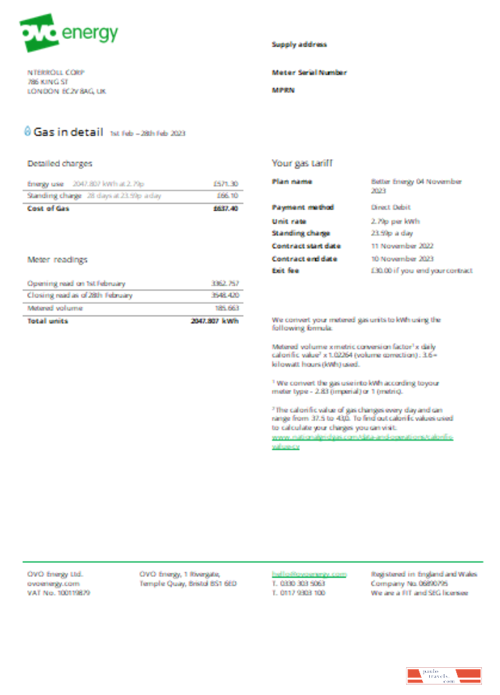 Ovo Energy utility business bill, SCR PSD template